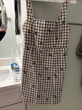 Womens Sezane Dorothe Navy Check Square-Neck Dress